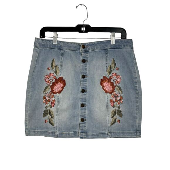 Vintage GUESS Women’s Large Floral Embroidered Denim Mini Skirt Stretch Y2K - Picture 1 of 6